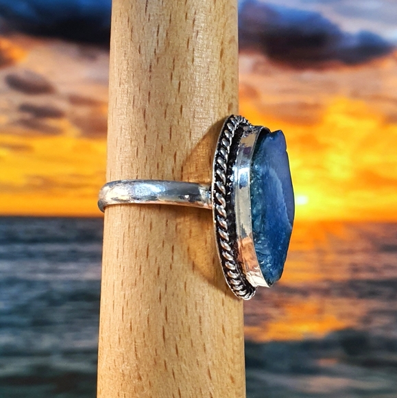 Blue Agate Gemstone Sterling Silver Plated Ring Size 9 - Picture 4 of 10